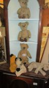 Three vintage teddy bears, Sooty and Soo puppets etc.