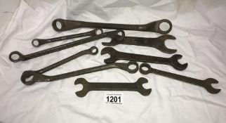 A collection of 9 bike related spanners including Vincent, Ariel & Mercedes Benz etc.