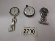 Two nurses watches and a ladies silver fob watch, all in working order.