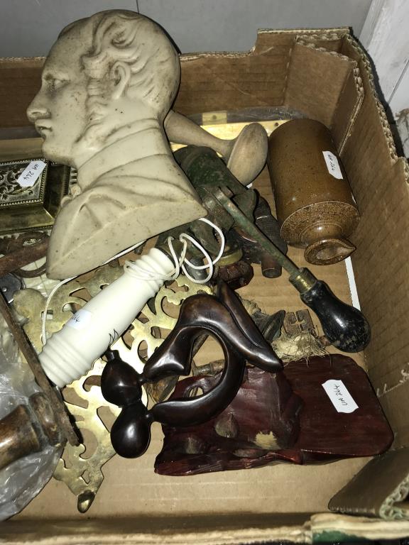 A box containing clock, keys, whistle, cartridge maker, Victorian stamp box, dominoes, - Image 3 of 3