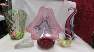 Six pieces of coloured glass including dish, vase, duck, swan etc.