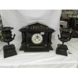A 19th century Palladian style clock garniture with bronze urn side pieces, Bennetfink & Co.