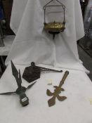 A rare chain counter balance, a church staff finial, a spit bracket and a bronze church finial.