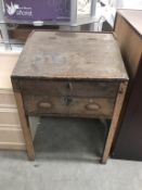 An old school desk with sloping top and drawer height 85cm x 59cm x 54cm