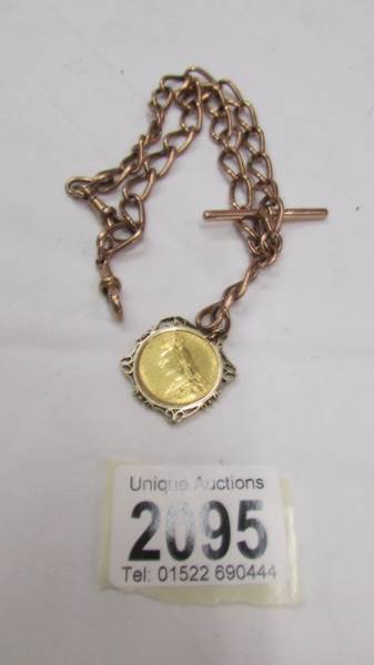 A Victorian 1889 sovereign on a 9ct gold watch chain (chain 43 grams) (Total weight 53.