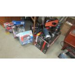 A good lot of boxed and unboxed tools including wet/dry grinder, Pnuematic chipping hammer etc.