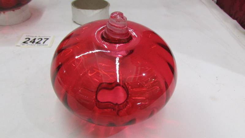 A pair of cranberry glass oil lamp peg fonts. - Image 3 of 3