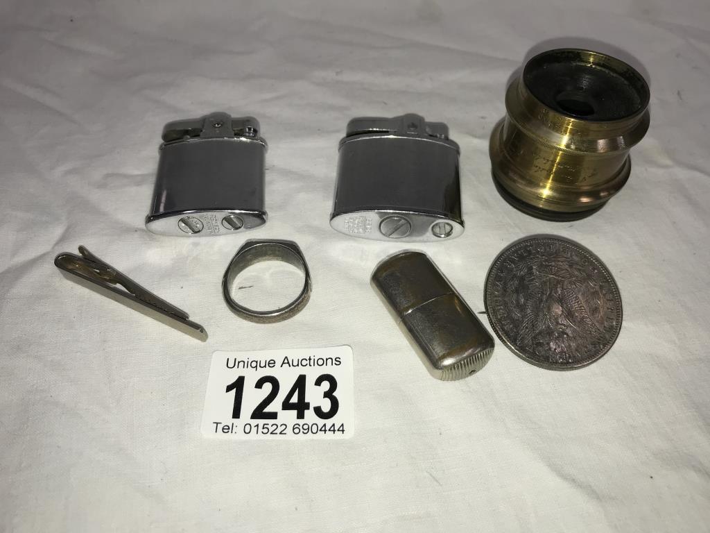 2 lighters, a ring (possibly Masonic),