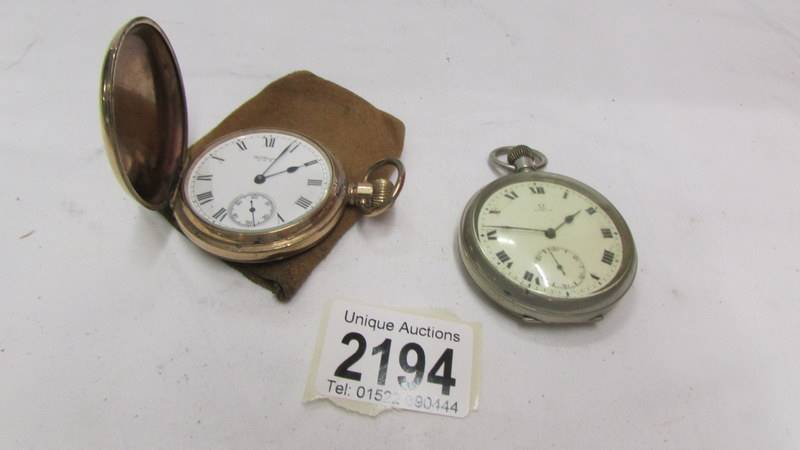 A Omega pocket watch and a gold plated Waltham full hunter pocket watch.