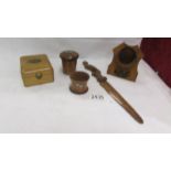 A Mauchlin ware watch stand and box, a pager turner with pheasant handle,
