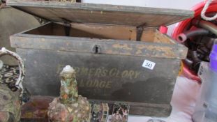 A lockable pine box sign written 'Farmers Glory Loot', no key.