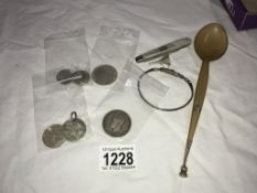 A quantity of silver items & coins including Mother of pearl penknife