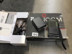 An Icom UHF FM hand held transceiver in box (model IC-U16T) (Collect only & sold as seen)