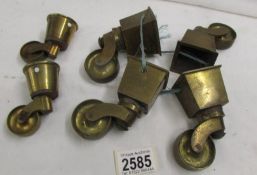 A set of four brass furniture castors and two smaller examples.