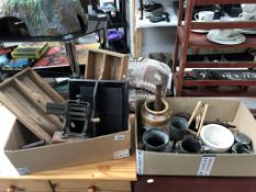 A box of miscellaneous including trays, pestle & mortar (not matching) & iron etc.
