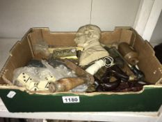 A box containing clock, keys, whistle, cartridge maker, Victorian stamp box, dominoes,