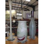 3 tall vases, willow pottery, green and brown metal and opaque glass, height; 43cm,