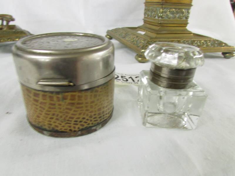 A heavy brass inkwell, a brass stand with candle snuffers and 2 ink wells. - Image 3 of 4