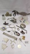 An interesting collection of items including silver nugget, silver pen, brooches, metal items etc.