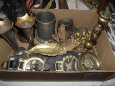 A box of mixed brassware etc including Lincoln Imp candlestick,