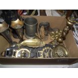 A box of mixed brassware etc including Lincoln Imp candlestick,