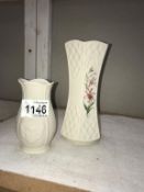 A Belleek 7" trellis vase & a smaller Belleek vase