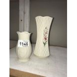 A Belleek 7" trellis vase & a smaller Belleek vase