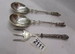 2 silver 'apostle' spoons - I S Greenberg & Co., Birmingham 1902 and a silver pickle fork (B & M).