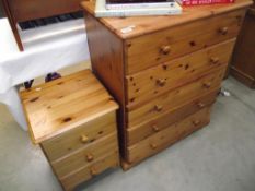 A solid pine bedroom chest and a pine effect bedside cabinet