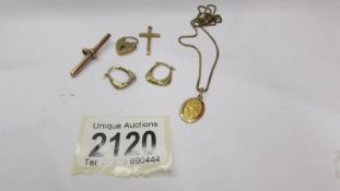 14 grams of 9ct gold including St. Christopher, earrings, padlock etc.