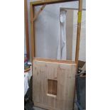 A barn style door and a door frame.