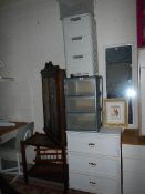 Two plastic drawer units and a three drawer bedside. (Collect only).