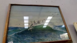 A Vernon Ward original print 15/25 titled Green Pastures Seabirds Feeding On the Swirl in limed oak