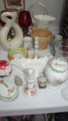 A mixed lot of ceramics, two candle lamps with red shades etc.