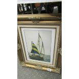 A gilt framed print of a sailing boat.