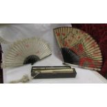 Three antique fans, hand painted and embroidered, fan box needs hinge repair.