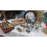 A mixed lot of vintage boxes, silver sugar tongs, clocks etc.