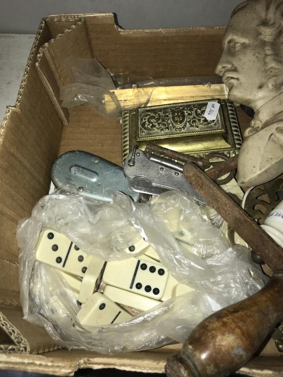 A box containing clock, keys, whistle, cartridge maker, Victorian stamp box, dominoes, - Image 2 of 3