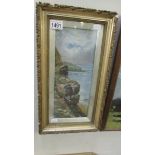 A 19th/20th C painting of a Coastal Cliff scene with Sheep and birds 25 x 45.