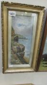 A 19th/20th C painting of a Coastal Cliff scene with Sheep and birds 25 x 45.