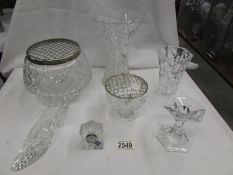 A superb quality cut glass rose bowl, a smaller example, two vases, a shoe,