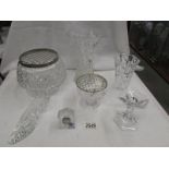 A superb quality cut glass rose bowl, a smaller example, two vases, a shoe,
