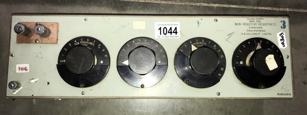 A vintage Sullivan dual dial non-reactive resistance selector unit (Serial 6478/1958) (Collect only