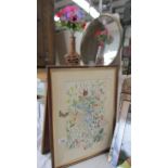 A framed and glazed floral print, a metal framed circular flower and a vase of silk anemone's.