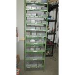 A green metal shelf unit with 40 boxes of assorted screws, nails etc.