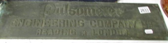 An old cast bronze sign, Pulsometer, Reading, London, 56 x 15 cm.
