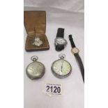 Two pocket watches, a gent's and a ladies wrist watch and a nurses watch.