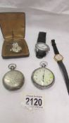 Two pocket watches, a gent's and a ladies wrist watch and a nurses watch.