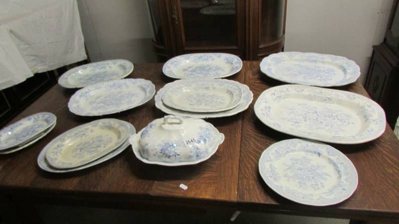 A quantity of blue and white meat platters and a tureen.