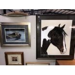 A large framed & glazed oil painting of a horses head & a framed & glazed pastel of a Terrier dog